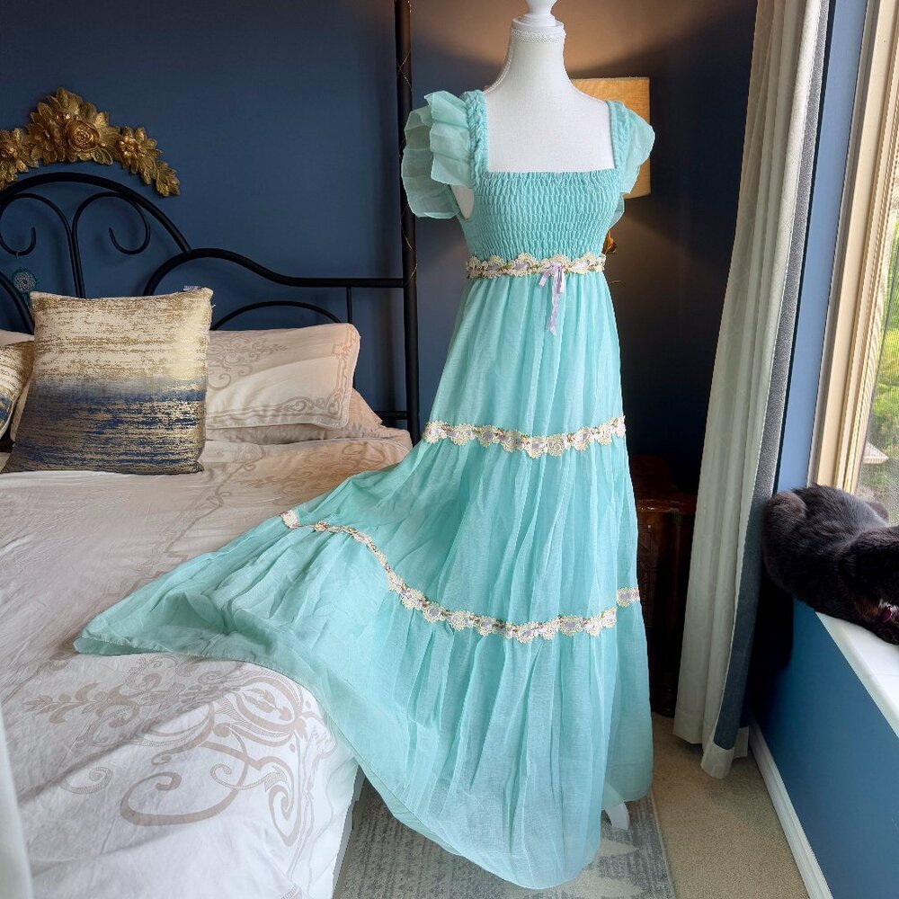 1970s Vintage Aqua Fairy Boho Maxi Dress